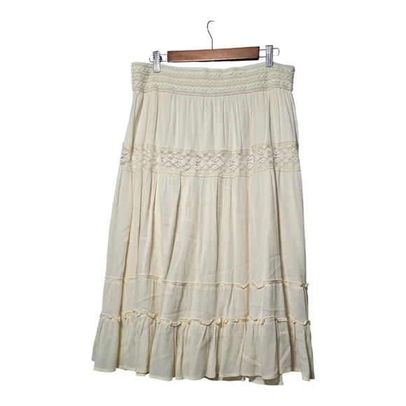 Reba Cream Boho Western Midi A-line Skirt with Smocked and Tiered Design - Picture 2 of 5
